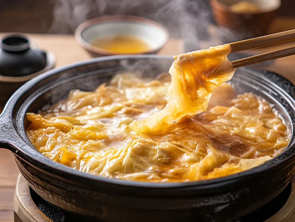 bowl of Mille-Feuille Nabe with tender layers of cabbage and pork belly, served with ponzu dipping sauce in a cozy dining setup.