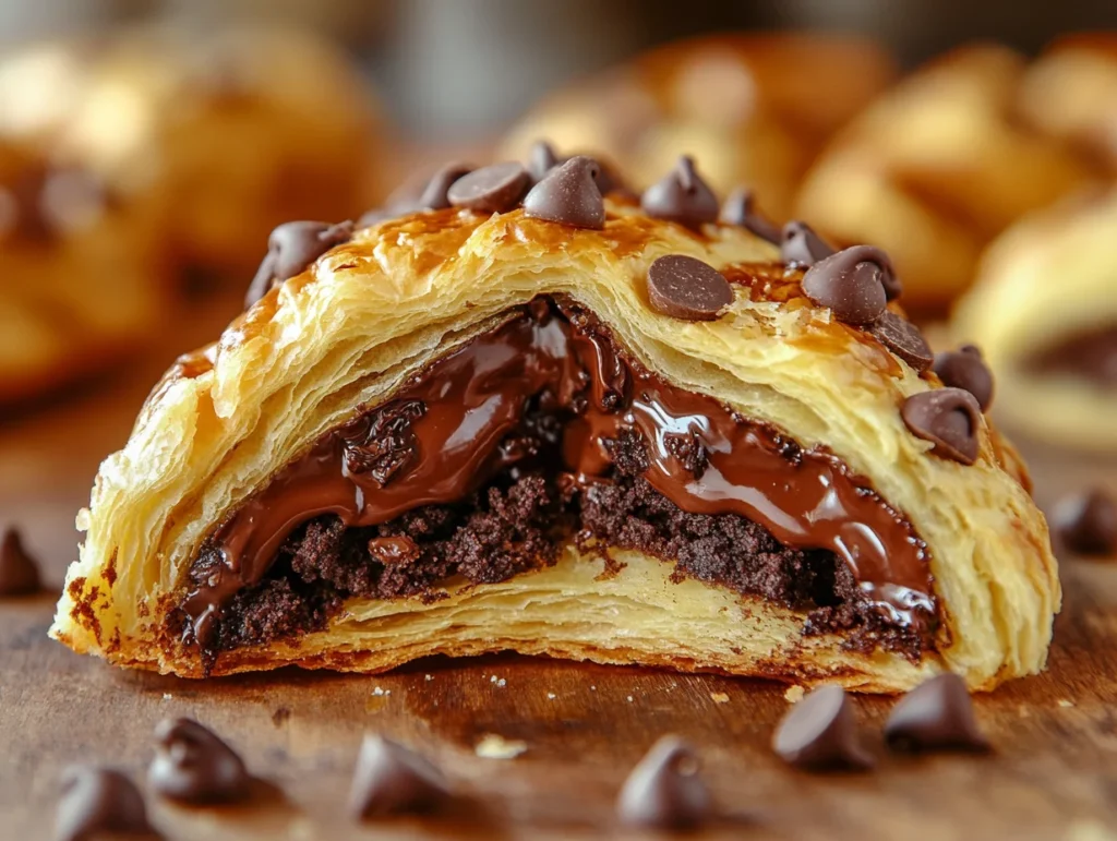 A sliced crookie showing its crispy croissant layers filled with warm, gooey chocolate chip cookie dough, with melting chocolate chips.