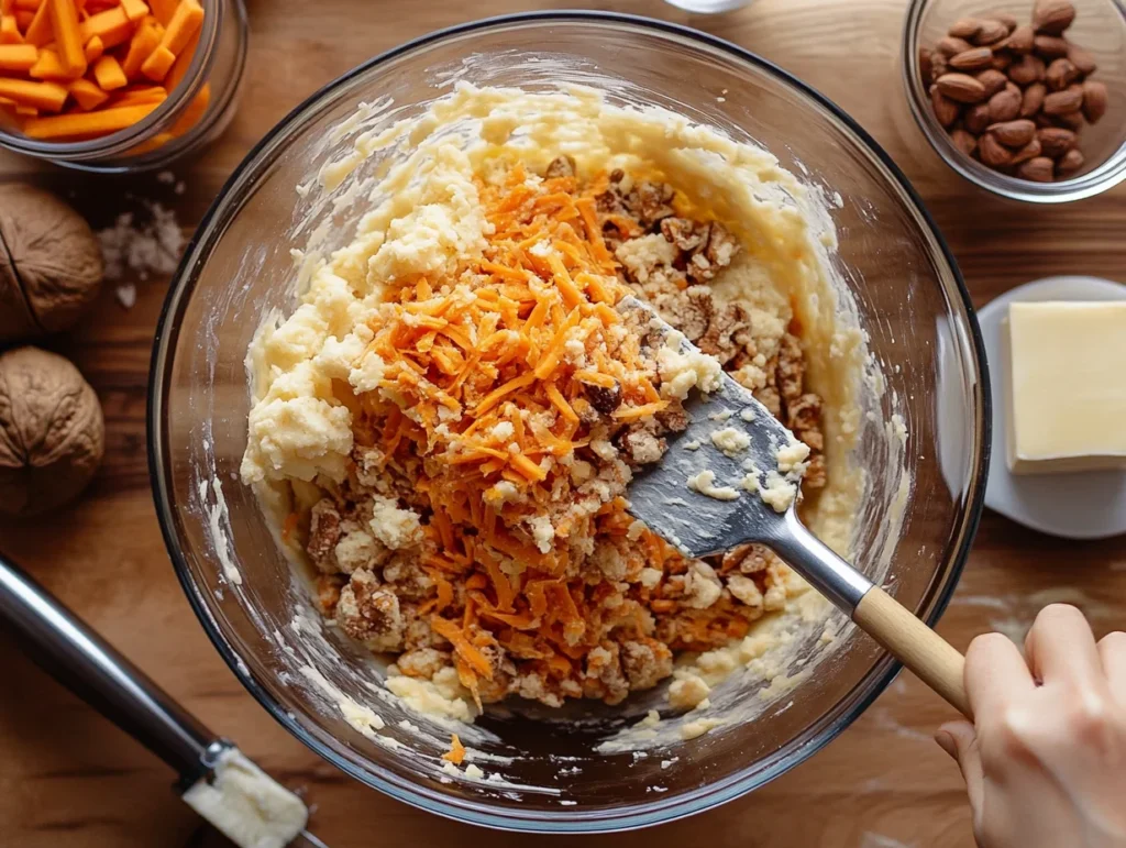 A mixing bowl filled with carrot cake cookie dough, with visible grated carrots, nuts, and spices, surrounded by baking ingredients.