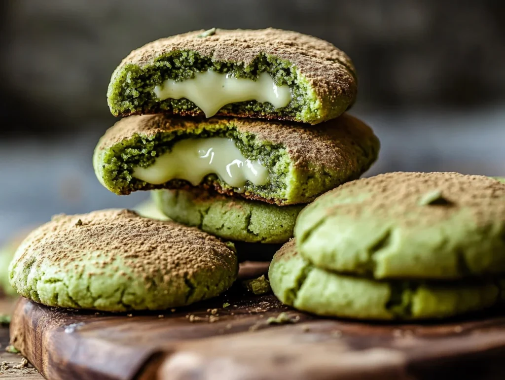 A stack of chewy matcha white chocolate cookies, with a bite revealing a gooey white chocolate center, dusted with vibrant matcha powder.