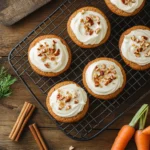 Freshly baked carrot cake cookies with cream cheese frosting and chopped pecans on a cooling rack, surrounded by fresh carrots and cinnamon sticks.