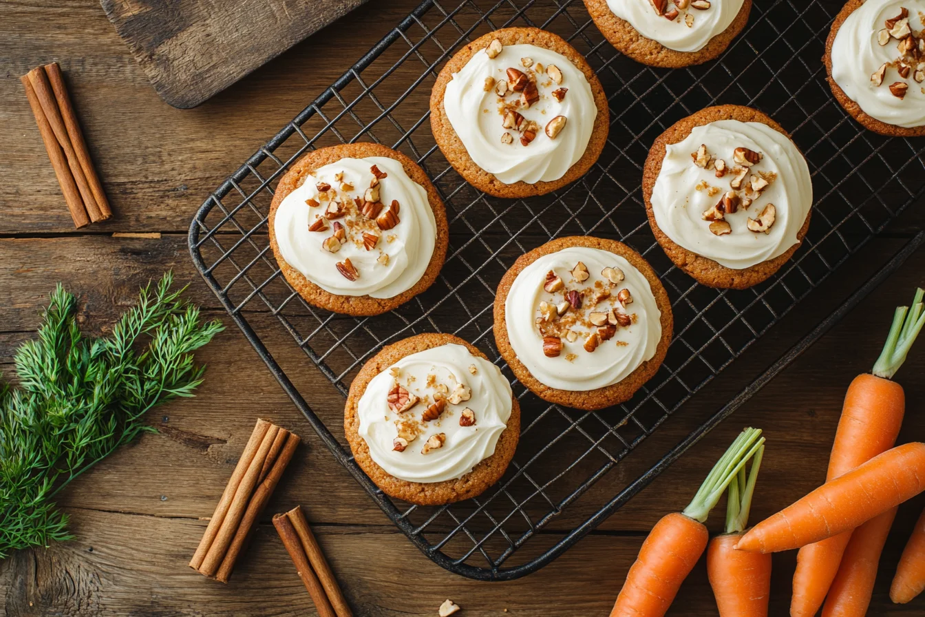 Freshly baked carrot cake cookies with cream cheese frosting and chopped pecans on a cooling rack, surrounded by fresh carrots and cinnamon sticks.