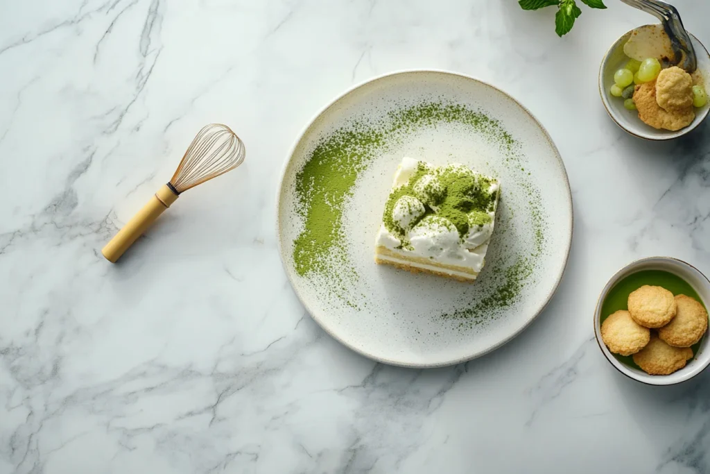 A luxurious spread of matcha desserts, including matcha tiramisu, cheesecake, and cookies, elegantly arranged on a marble countertop with a tea whisk and matcha powder.