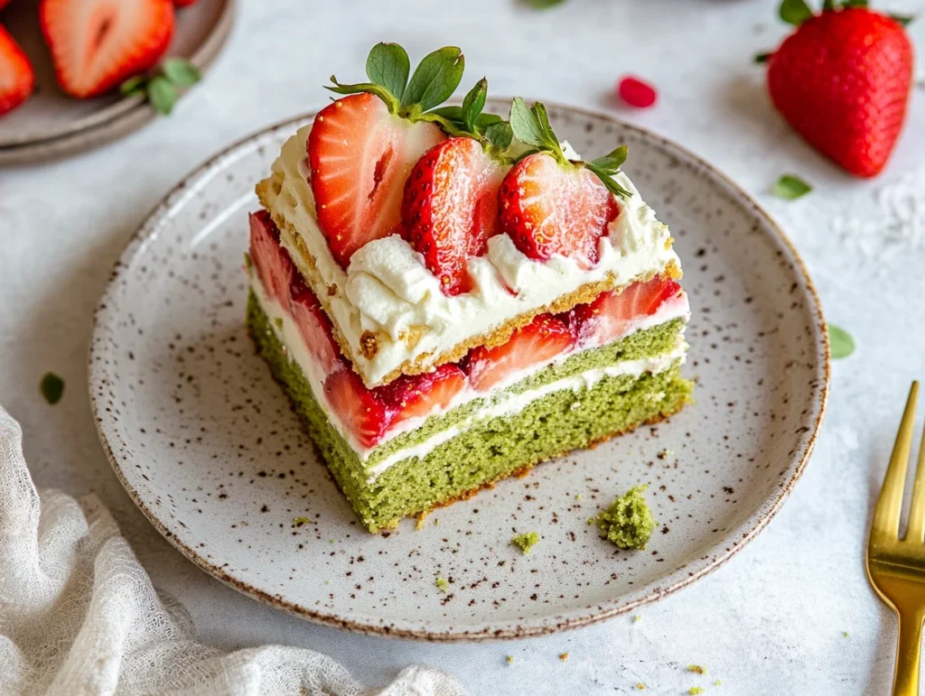 A slice of matcha strawberry shortcake with layers of matcha sponge, fresh strawberries, and whipped cream, elegantly plated with a gold fork.