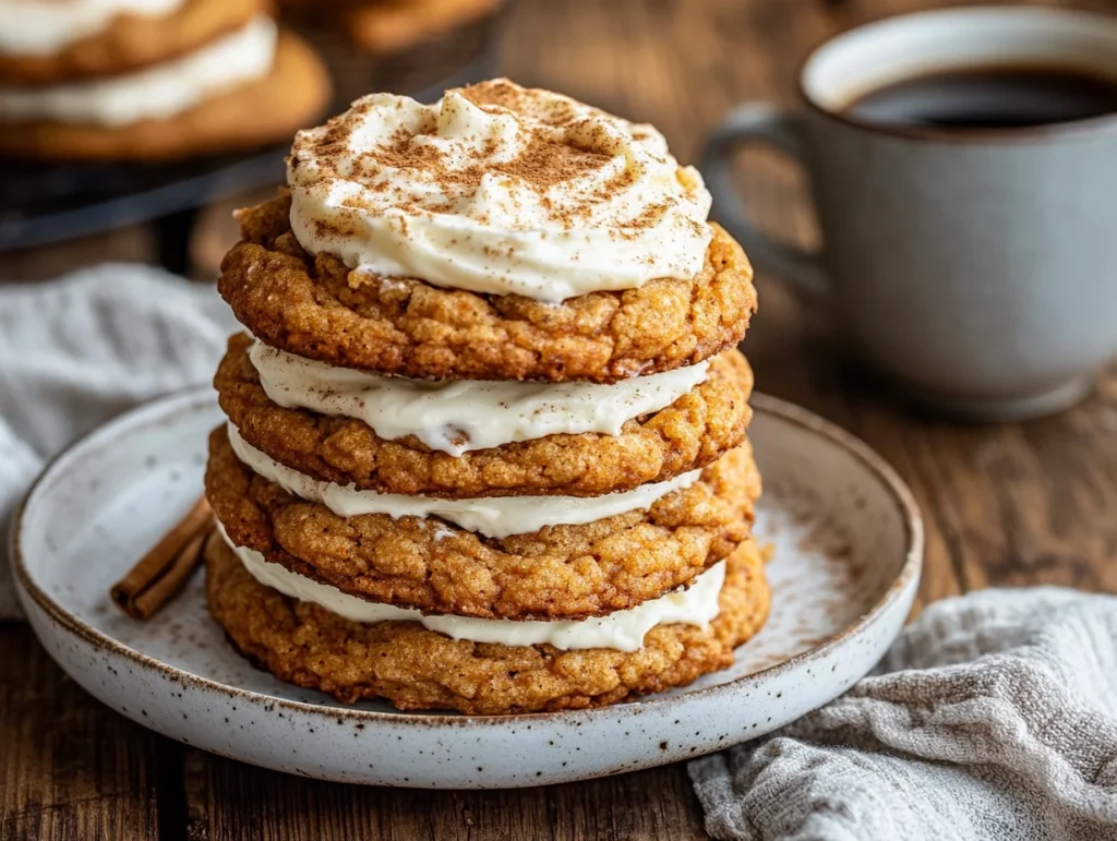 A stack of soft and chewy carrot cake cookies topped with cream cheese frosting, served on a rustic white plate with a cup of coffee.