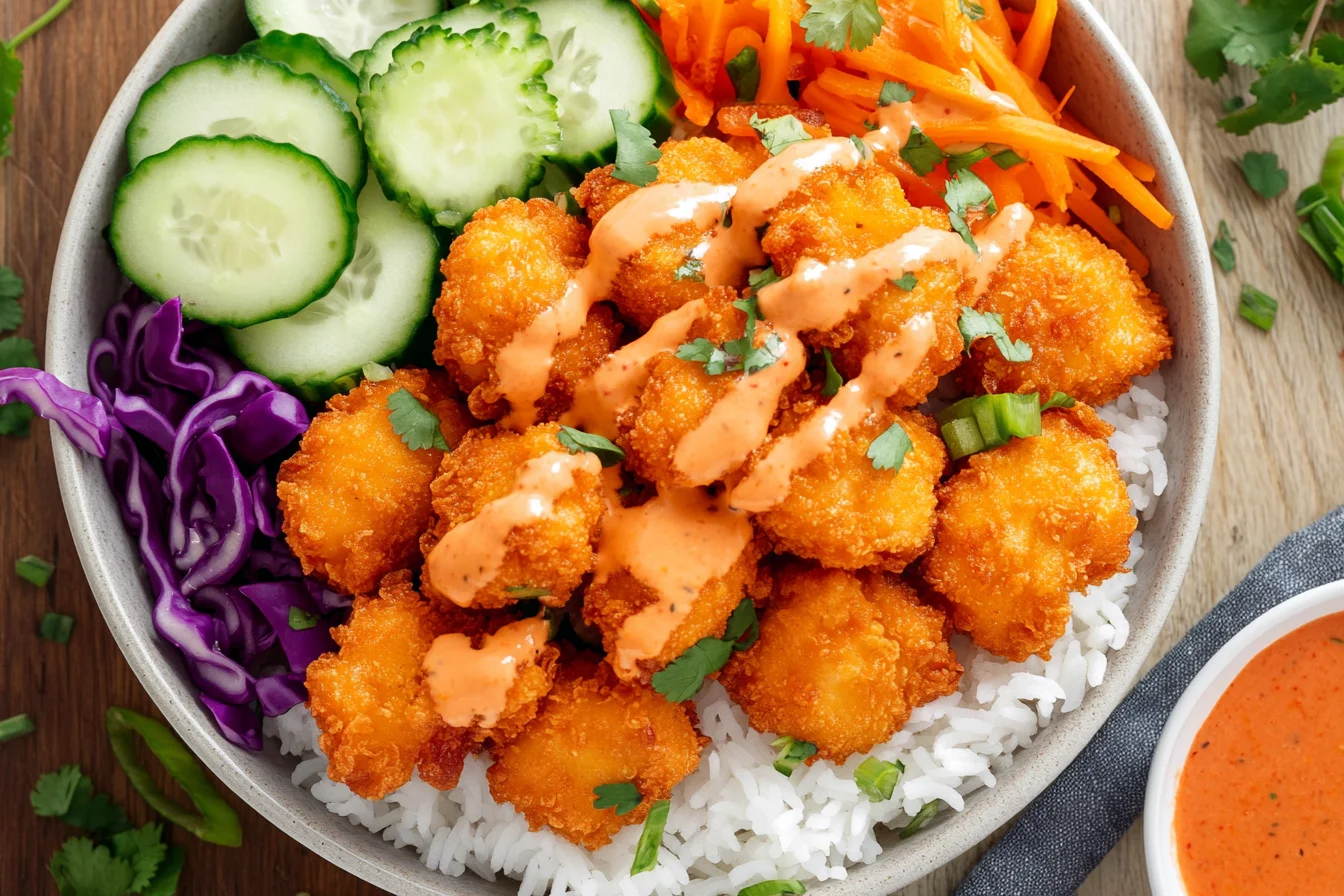 Vibrant Bang Bang Chicken Bowl with crispy chicken, spicy creamy sauce, rice, and fresh veggies on a rustic dinner table