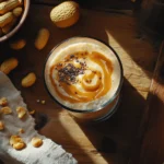 Cottage cheese peanut butter smoothie in a clear glass topped with peanut butter swirl and chia seeds, surrounded by fresh ingredients on a rustic table.
