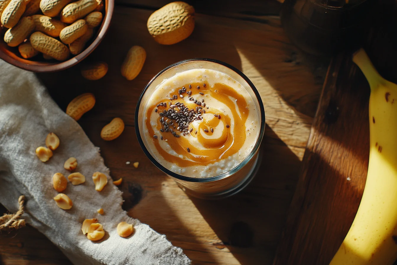 Cottage cheese peanut butter smoothie in a clear glass topped with peanut butter swirl and chia seeds, surrounded by fresh ingredients on a rustic table.