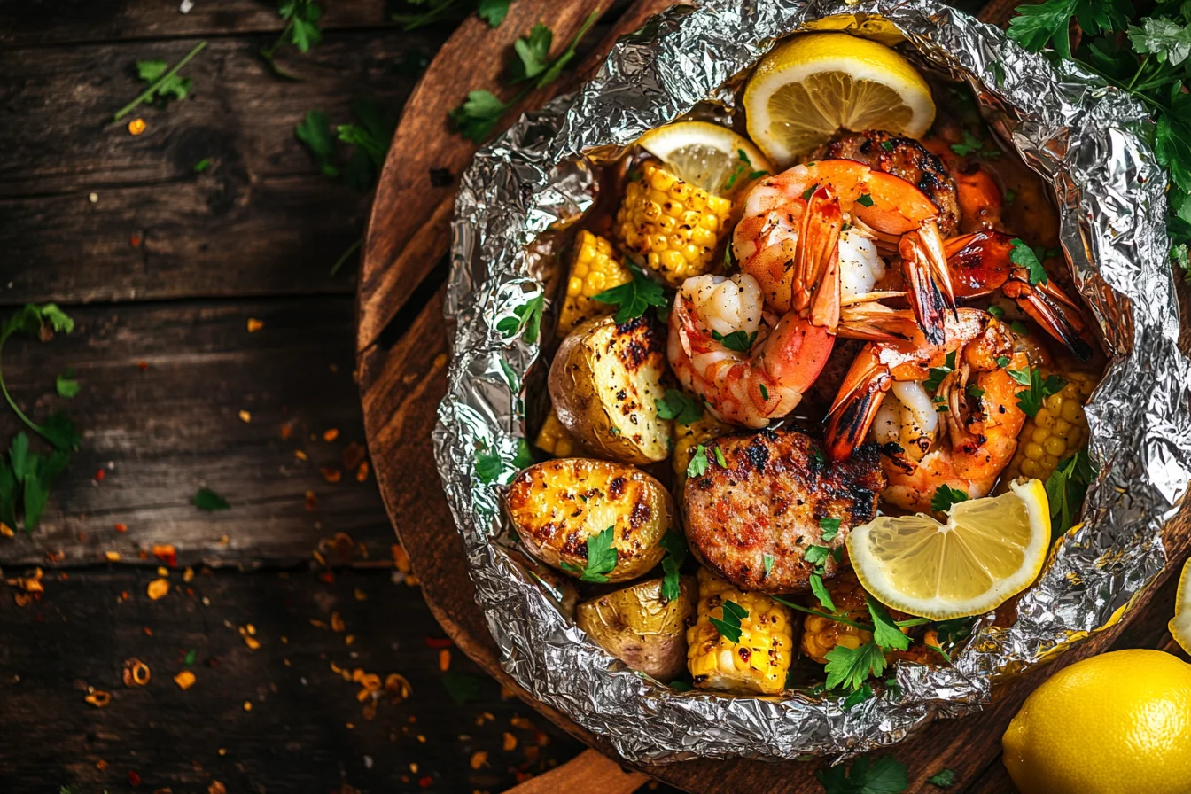 grilled shrimp boil foil packet opened to reveal shrimp, corn, sausage, and potatoes on a rustic wooden table.