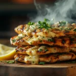 Grilled Ranch Garlic Parmesan Chicken Skewers on wooden board with lemon wedges and fresh parsley