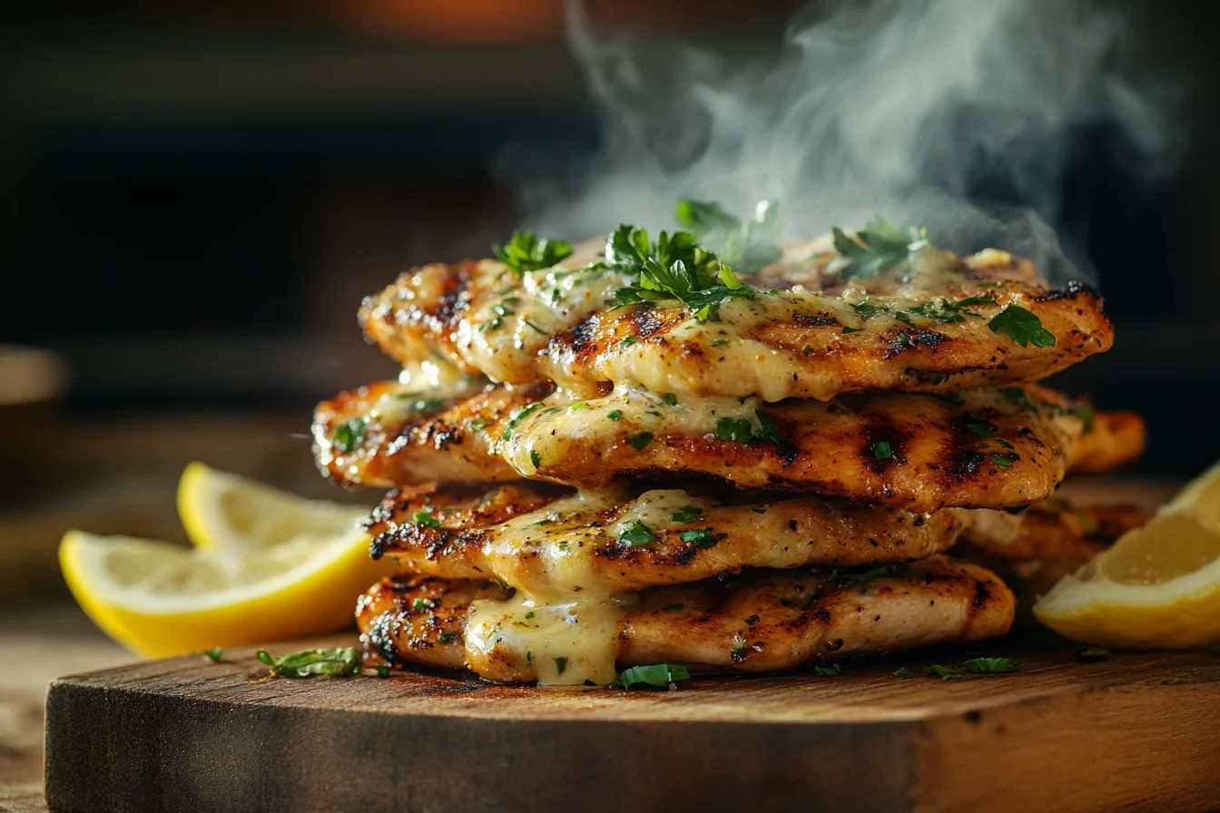 Grilled Ranch Garlic Parmesan Chicken Skewers on wooden board with lemon wedges and fresh parsley