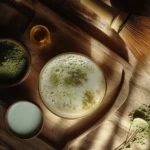 Iced matcha latte with foam, served on a wooden tray with almond milk, bamboo whisk, and matcha powder