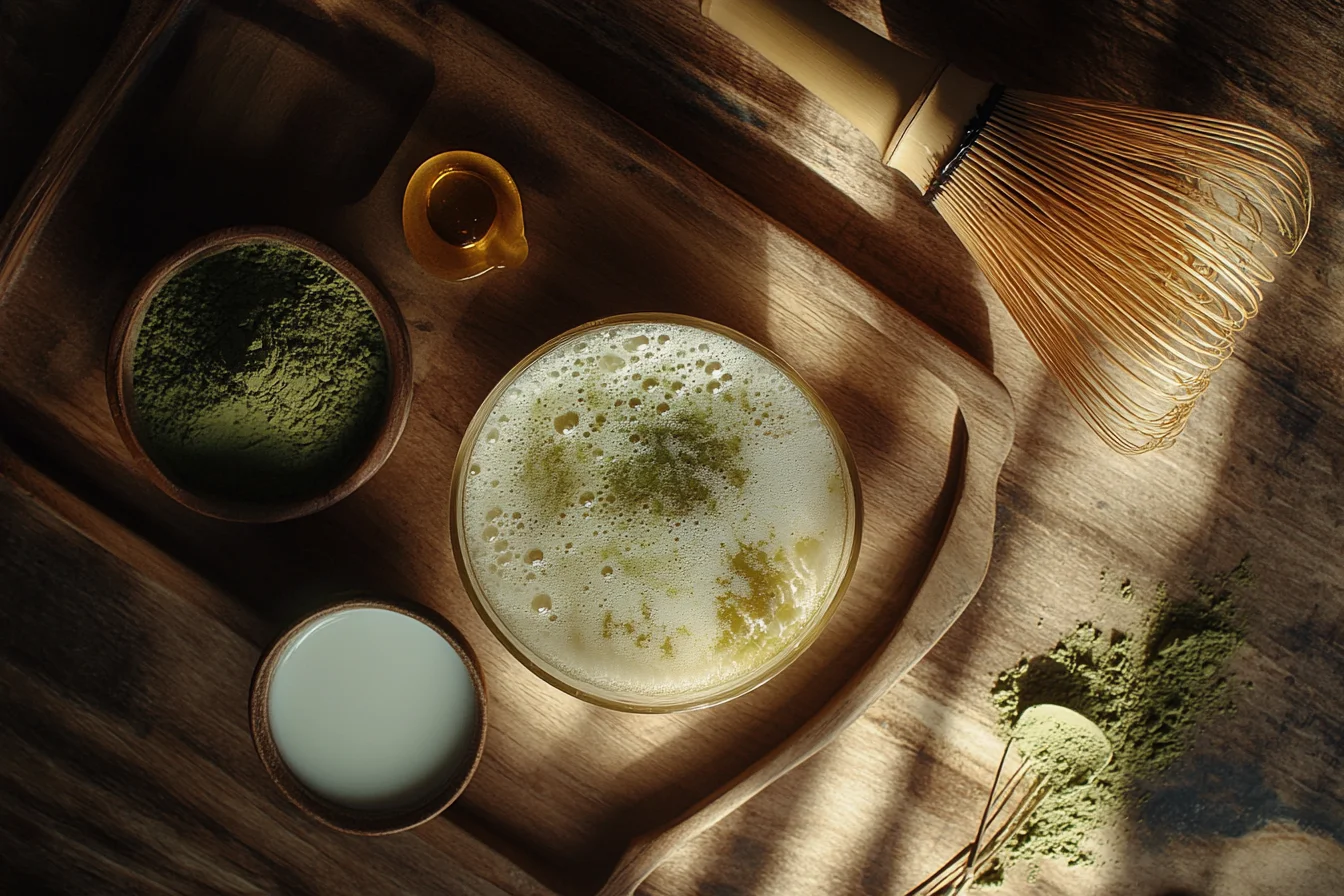 Iced matcha latte with foam, served on a wooden tray with almond milk, bamboo whisk, and matcha powder