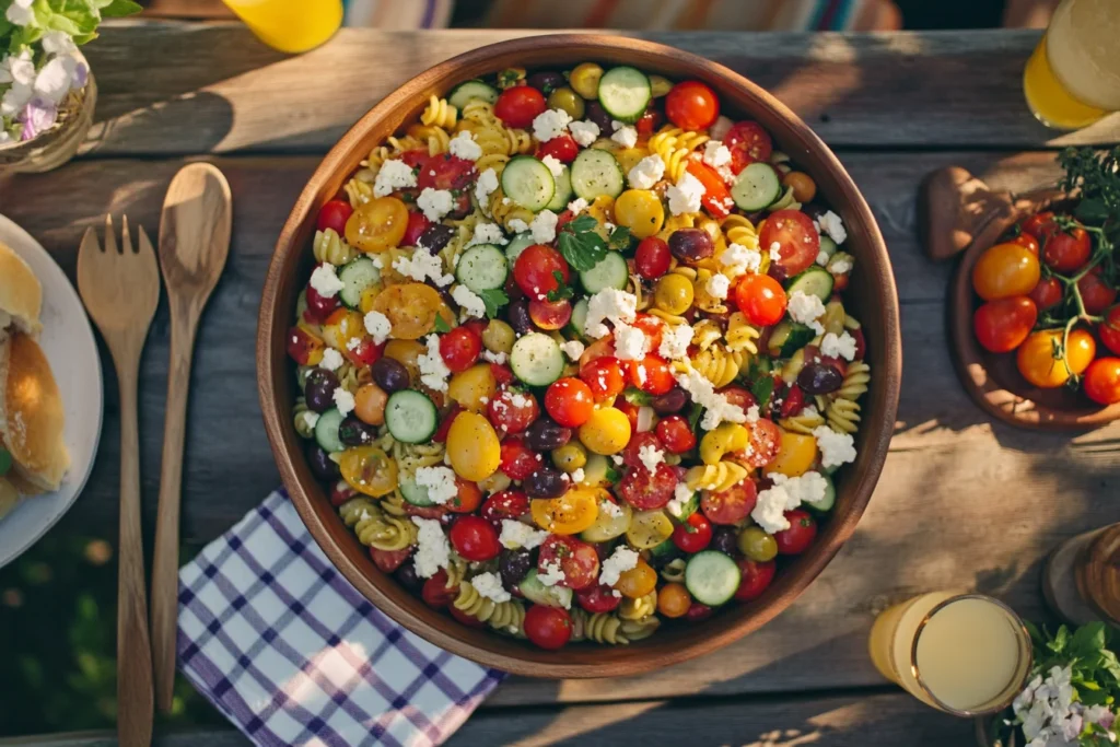 colorful Mediterranean pasta salad with vegetables and feta in a rustic bowl on a picnic table.