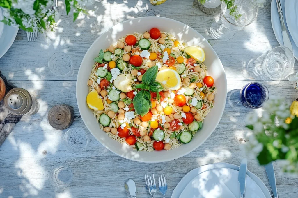 Colorful summer orzo salad in a rustic bowl with fresh vegetables, feta, and lemon wedges, perfect for picnics and BBQs.
