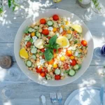 Colorful summer orzo salad in a rustic bowl with fresh vegetables, feta, and lemon wedges, perfect for picnics and BBQs.