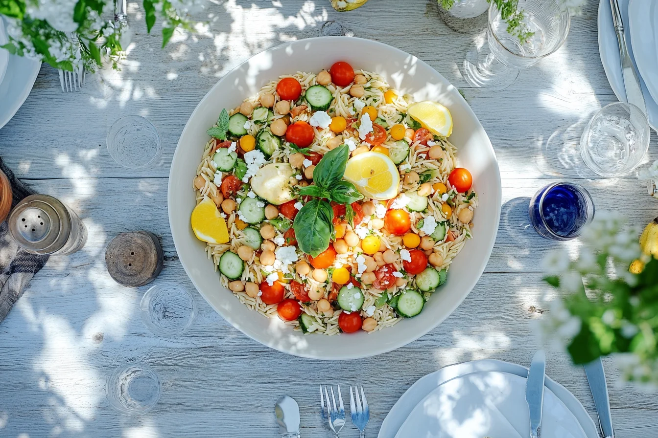Colorful summer orzo salad in a rustic bowl with fresh vegetables, feta, and lemon wedges, perfect for picnics and BBQs.