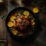 Moroccan-spiced Divorce Chicken roasted in a cast iron skillet with herbs and citrus slices