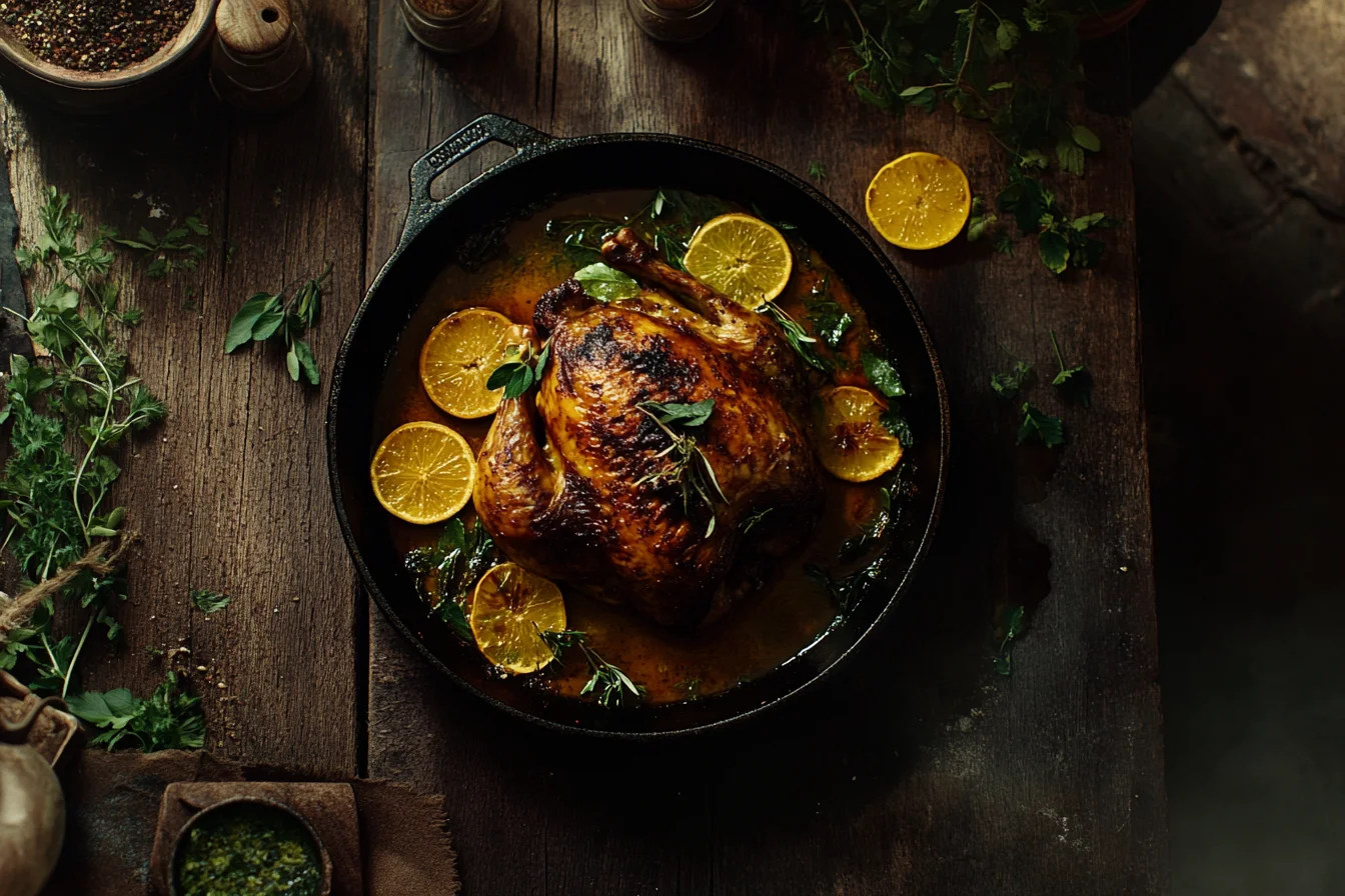 Moroccan-spiced Divorce Chicken roasted in a cast iron skillet with herbs and citrus slices